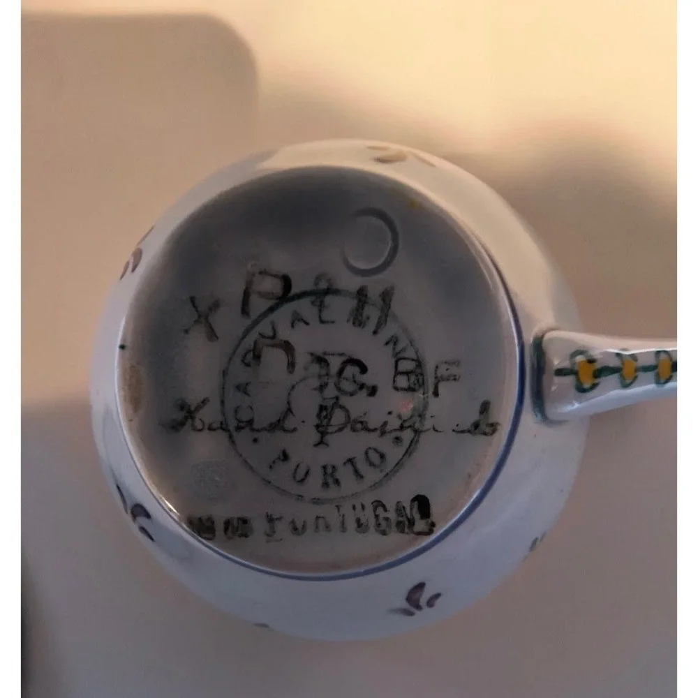 Vintage Hand Painted Portuguese Ceramic Tea‎ Cup and Saucer Floral Blue Yellow